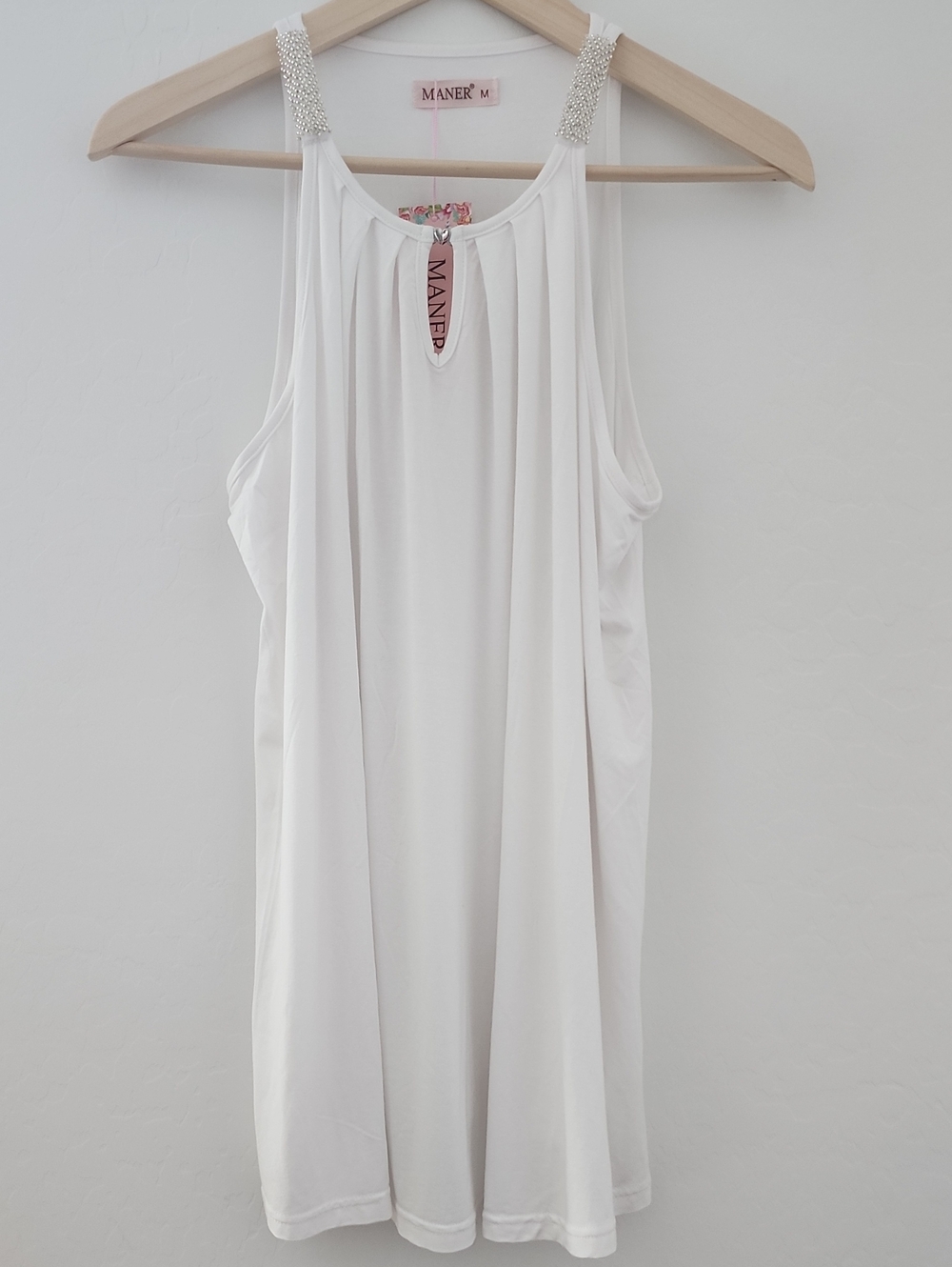 NWT Maner White Embellished Strap Sleeveless Top, M